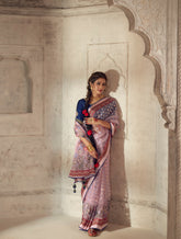 Exquisite Contrasting Light Pink Floral Organza saree with beautiful print, piping work or tassels on pallu | party wear saree | Festive saree